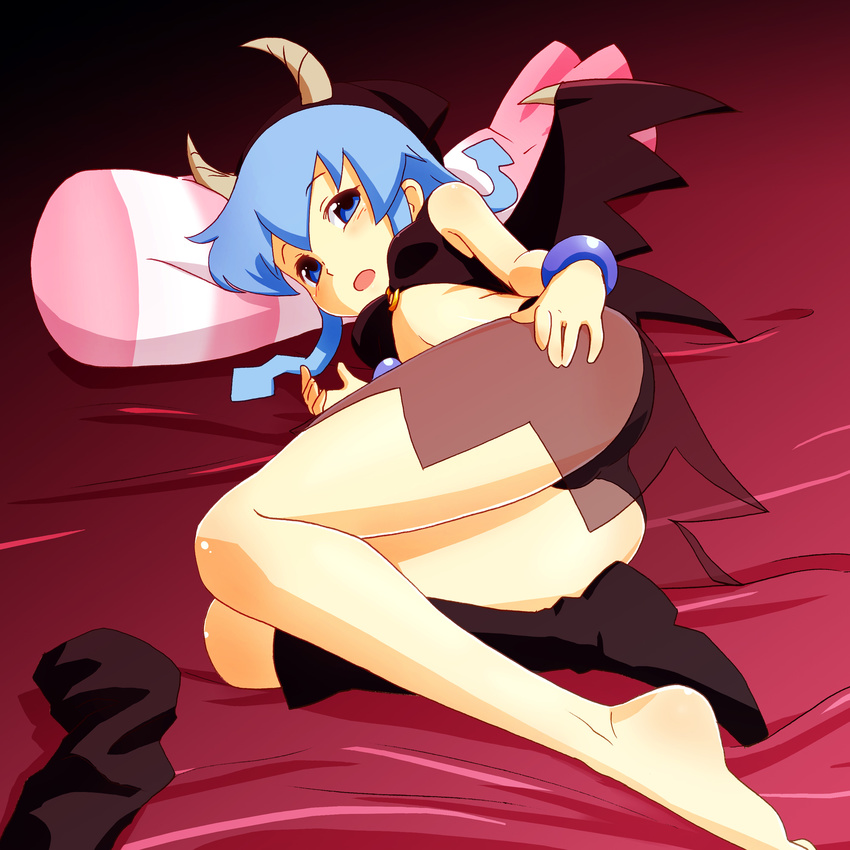 barefoot blue_eyes blue_hair boots bracelet demon_wings highres horns ikamusume jewelry knee_boots legwear_removed long_hair long_legs looking_at_viewer lying on_side open_mouth pillow sat-c see-through shinryaku!_ikamusume shoes shrimp single_shoe solo tentacle_hair wings