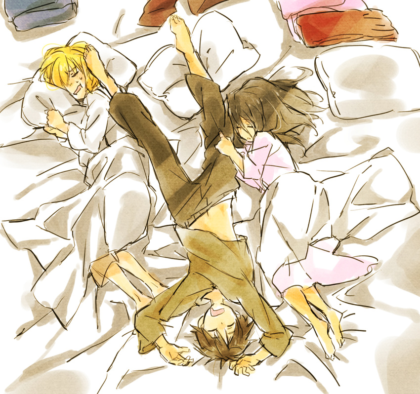 2boys armin_arlert barefoot bed chikinnu eren_yeager from_above lying mikasa_ackerman multiple_boys shingeki_no_kyojin sleeping