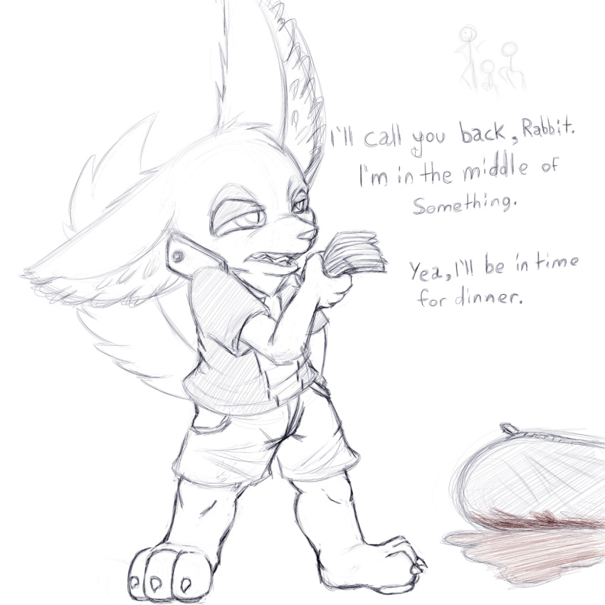 2016 black_and_white blood body_bag canine cellphone disney fennec finnick fox male mammal money monochrome phone salaciouslx simple_background sketch solo white_background zootopia