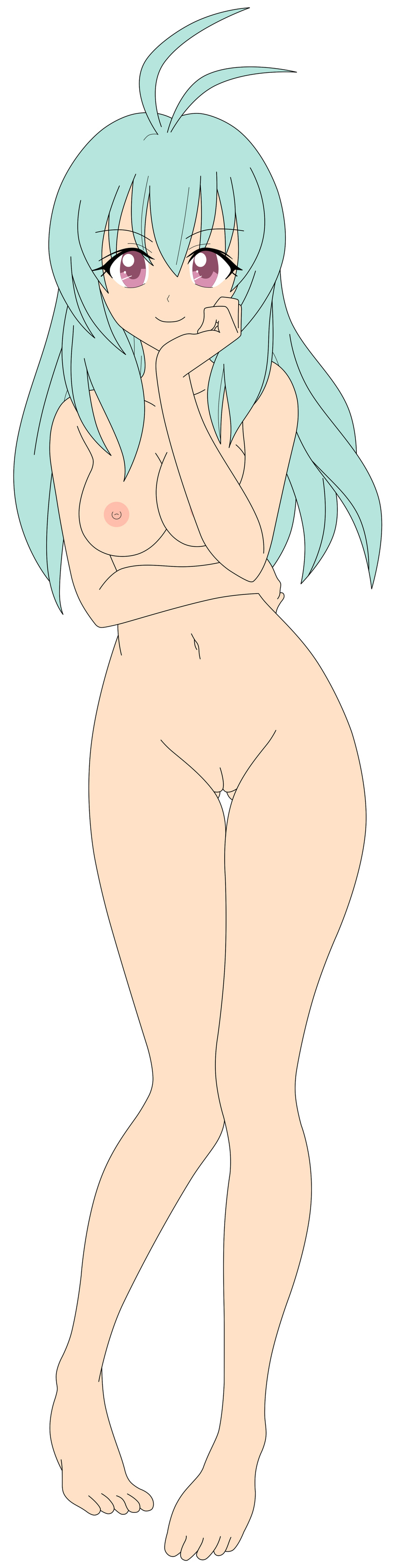 1girl absurdres antenna_hair breasts green_hair highres legs long_hair navel nipples nude nude_filter photoshop purple_eyes pussy run_elsie_jewelria smile thigh_gap thighs to_love-ru toloveru uncensored vector_trace