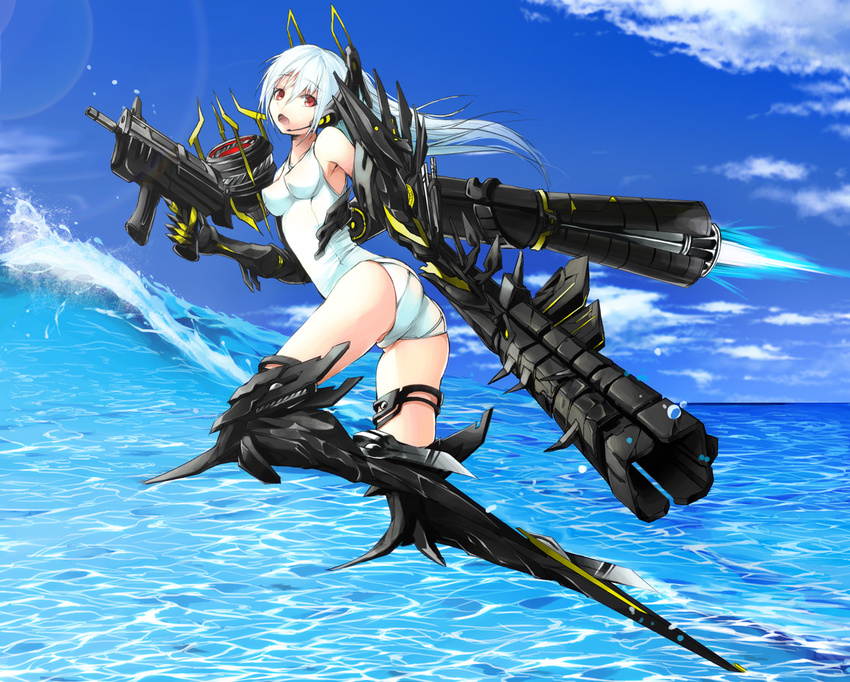 1girl albino female gun headphones long_hair microphone one-piece_swimsuit open_mouth original red_eyes solo straight_hair swimsuit tyappygain weapon white_hair