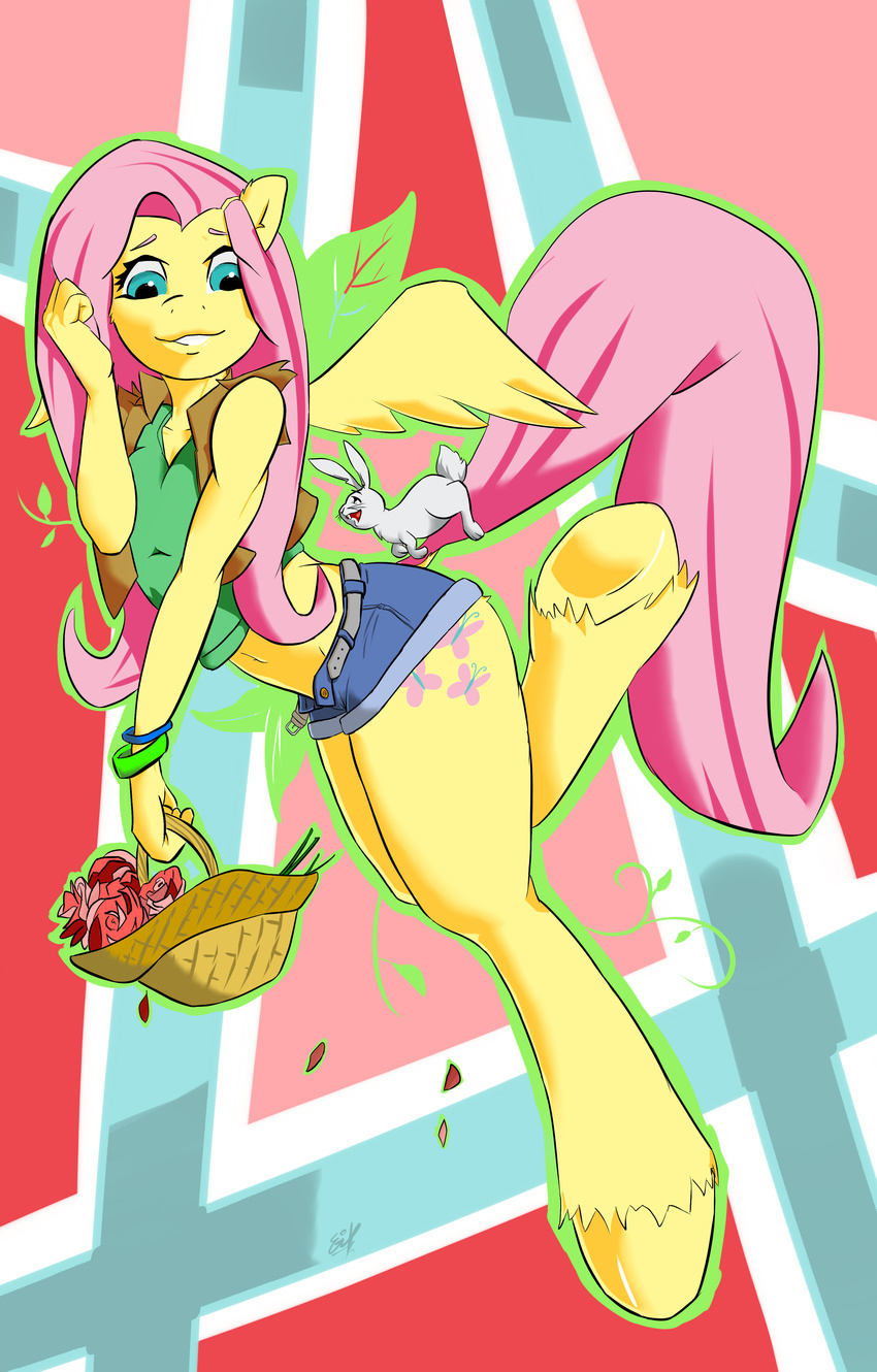 absurd_res angel_(mlp) anthro anthrofied clothed clothing cutie_mark cyan_eyes duo equine female flower fluttershy_(mlp) friendship_is_magic fur hair hi_res hooves horse long_hair male mammal my_little_pony open_mouth pegasus petals pink_hair pony raised_hoof remenbrand rose signature smile teeth tongue voluptuous wide_hips wings yellow_fur