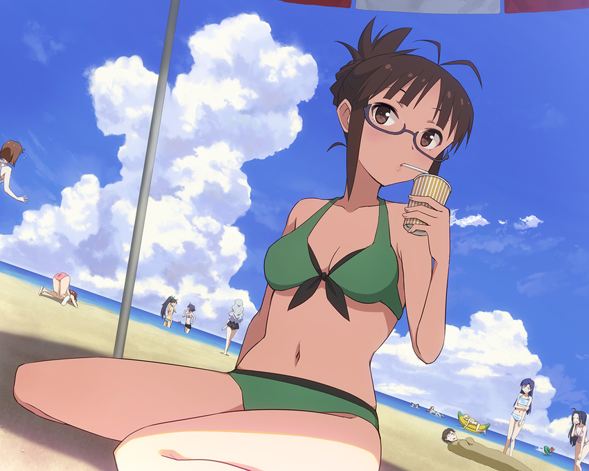 6+girls ahoge akizuki_ritsuko amami_haruka antenna_hair banana_boat beach bikini black_eyes black_hair blonde_hair blue-framed_eyewear blue_hair breasts brown_eyes brown_hair cleavage clenched_hands closed_eyes cloud collarbone cup day drinking drinking_straw dutch_angle flying_sweatdrops folded_ponytail futami_ami futami_mami ganaha_hibiki glasses green_bikini hagiwara_yukiho hair_ribbon hashi high_ponytail idolmaster idolmaster_(classic) kikuchi_makoto kisaragi_chihaya long_hair medium_breasts minase_iori miura_azusa multiple_girls navel ocean one-piece_swimsuit open_mouth orange_hair outdoors ponytail producer_(idolmaster_anime) ribbon rock sand semi-rimless_eyewear shijou_takane short_hair side_ponytail silver_hair sipping sky sweatdrop swimsuit takatsuki_yayoi under-rim_eyewear very_long_hair wading