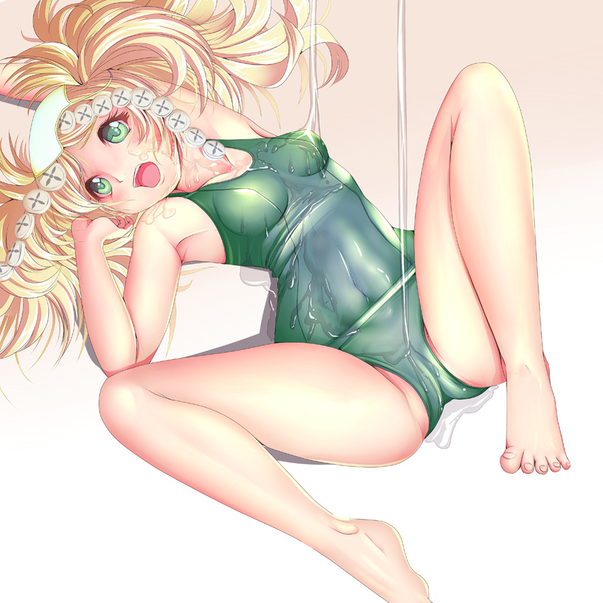 alternate_color_school_swimsuit arched_back arm_up armpits barefoot blonde_hair breasts covered_navel crotch dutch_angle eyelashes feet fire_emblem fire_emblem:_kakusei from_above gradient gradient_background green_eyes green_swimsuit harihisa headdress liz_(fire_emblem) long_hair long_legs lotion lying messy on_back one-piece_swimsuit open_mouth partially_visible_vulva school_swimsuit sexually_suggestive shadow shiny shiny_clothes small_breasts solo spread_legs swimsuit twintails wavy_hair wide_hips