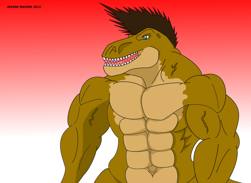 abs abstract_background anthro biceps blue_eyes brown_hair brown_skin dinosaur fangs hair jonathan_alexander male maxime-jeanne muscles nude open_mouth pecs plain_background pose red_background reptile scales scalie solo standing teeth toned tongue tyrannosaurus_rex vein white_background