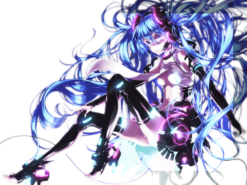 barefoot blue_eyes blue_hair boots bridal_gauntlets center_opening coracola hatsune_miku hatsune_miku_(append) high_heels highres long_hair looking_at_viewer necktie shoes sitting solo thigh_boots thighhighs toeless_legwear toes very_long_hair vocaloid vocaloid_append