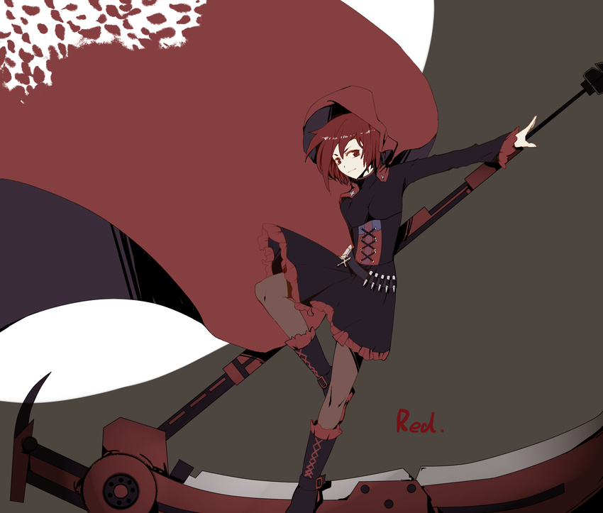 black_background boots bullet cape crescent_rose cross dress full_body highres hood huge_weapon leg_up long_sleeves moon outstretched_arm pantyhose petals red_hair rose_petals ruby_rose rwby scythe short_hair simple_background skirt solo standing standing_on_one_leg weapon woaidnfhehe