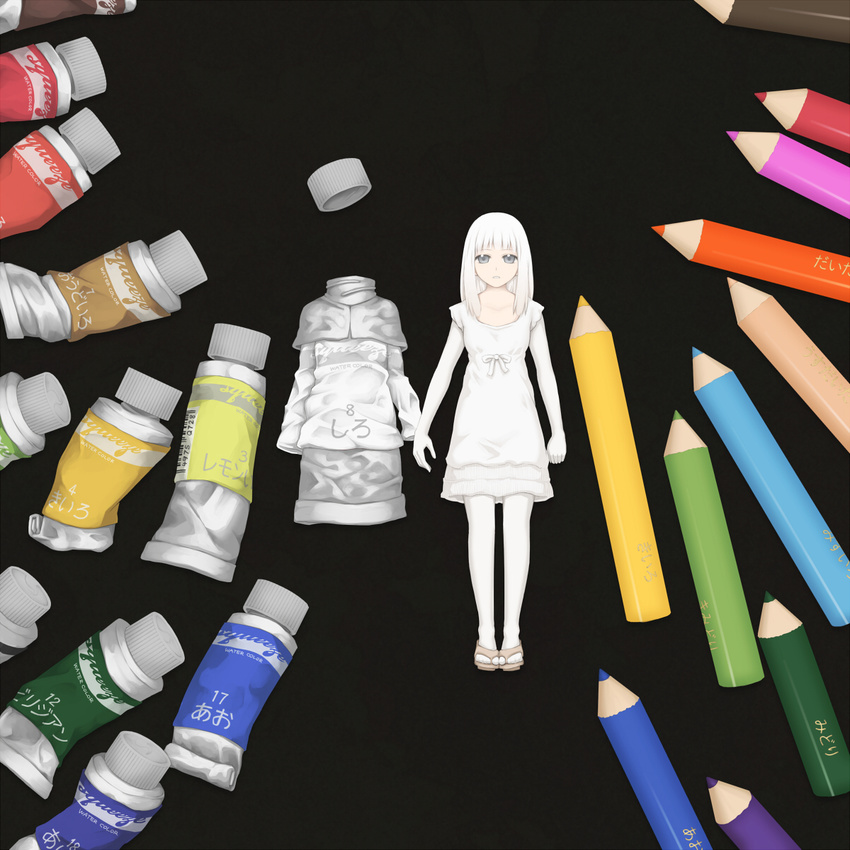 black_background check_commentary colored_pencil commentary commentary_request crayon dress expressionless grey_eyes highres looking_at_viewer original paint paint_tube pencil personification simple_background standing uncolored white_dress white_hair yajirushi_(chanoma)