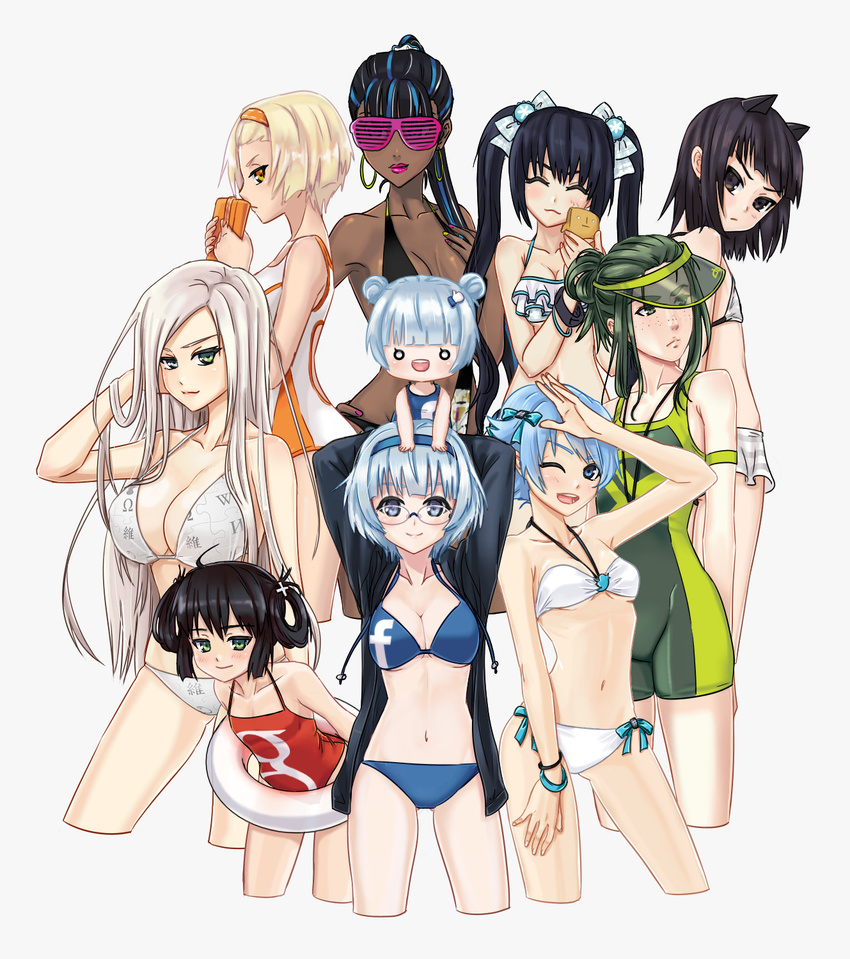 :d ^_^ animal_ears bikini bingsang black_eyes black_hair blonde_hair blue_eyes blue_hair breasts cat_ears chibi cleavage closed_eyes cropped_legs dark_skin dek-d deviantart double_bun earrings exteen facebook flat_chest freckles glasses google google+ green_eyes green_hair hair_ribbon hairband heterochromia highres innertube jewelry large_breasts long_hair multiple_girls navel neko_post o_o one-piece_swimsuit one_eye_closed open_mouth orange_eyes personification plug.dj ribbon short_hair small_breasts smile sunglasses swimsuit thumbs_up twintails twitter very_long_hair visor_cap white_background white_hair wikipedia