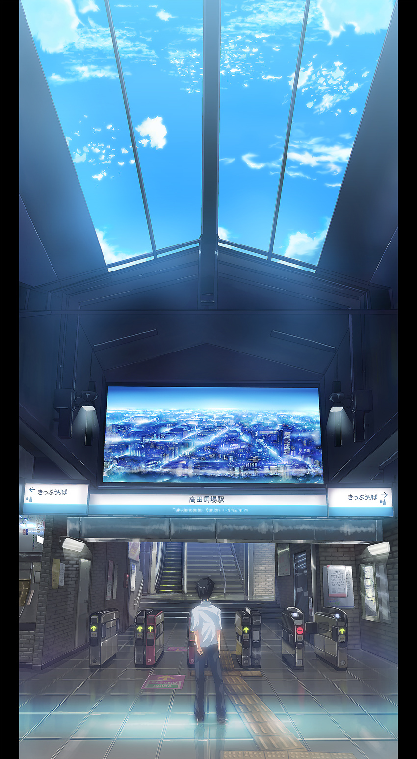 bad_id bad_pixiv_id black_hair black_pants brick_wall cloud day fare_gate from_behind highres indoors light male_focus original pants real_world_location ryouma_(galley) scenery shinjuku shirt sky skylight solo stairs standing tactile_paving tokyo_(city) train_station white_shirt wide_shot