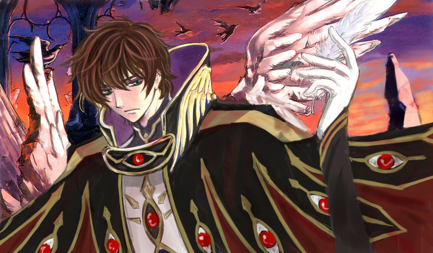 bad_id bad_pixiv_id bird brown_hair cape code_geass gloves green_eyes kaoru kururugi_suzaku male_focus solo wings