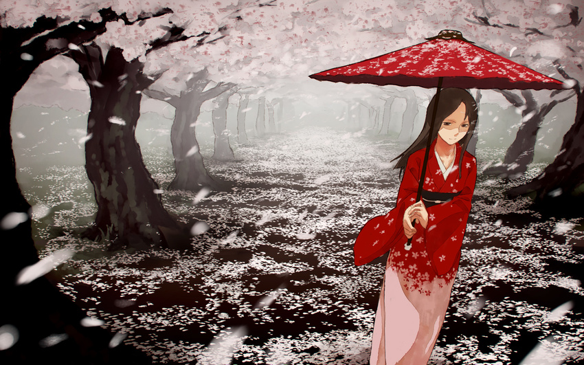 brown_eyes brown_hair cherry_blossoms highres japanese_clothes kimono long_hair mizu_asato oriental_umbrella original petals solo tree umbrella wallpaper
