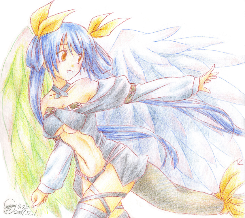 absurdres asymmetrical_wings bad_id bad_pixiv_id bare_shoulders blue_hair bow breasts colored_pencil_(medium) dizzy guilty_gear hair_bow highres large_breasts looking_back midriff ribbon smile solo suppy tail tail_ribbon traditional_media twintails underboob wings