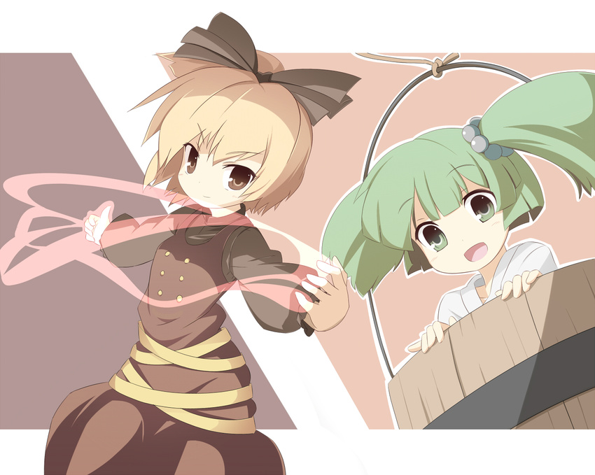 blonde_hair bucket green_hair in_bucket in_container kisume kurodani_yamame miko_machi multiple_girls touhou wooden_bucket