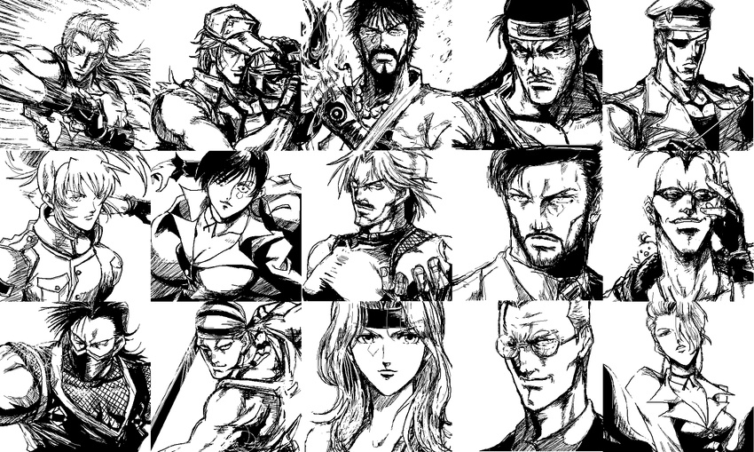 6+boys andy_bogard billy_kane closed_mouth duck_king fatal_fury formal glasses greyscale heidern highres ippongui karman_cole kisaragi_eiji kusanagi_saishu lenny_creston leona_heidern long_hair looking_at_viewer mature_(kof) monochrome multiple_boys multiple_girls oswald_(kof) patsuki rugal_bernstein ryuuko_no_ken simple_background smirk snk suit terry_bogard the_king_of_fighters todo_ryuhaku vice white_background