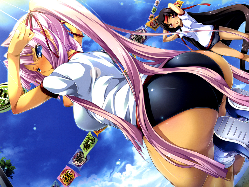 ass black_hair blue_eyes blush breasts buruma contemporary gym_uniform headband highres hikage_eiji huge_ass koihime_musou large_breasts long_hair multiple_girls official_art pink_hair ribbon shoes shuutai smile socks sonken very_long_hair wallpaper