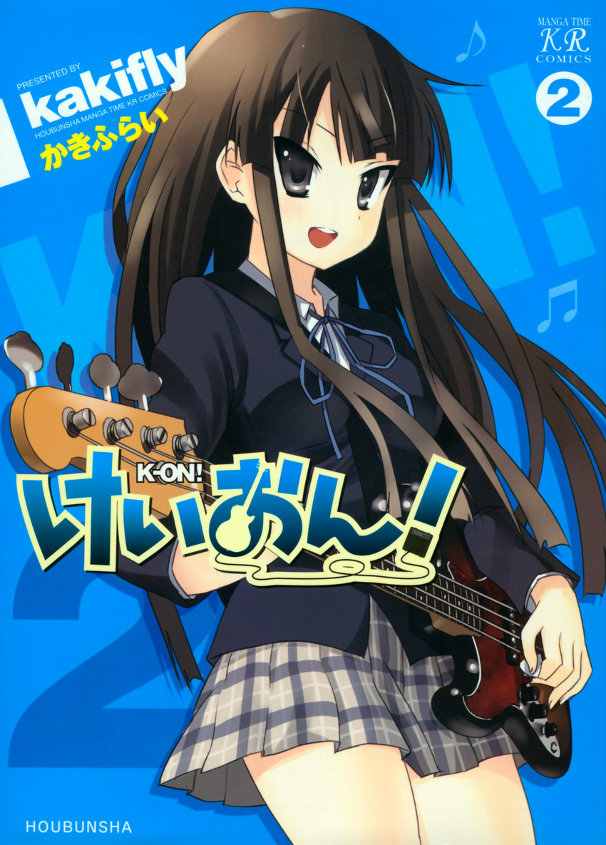 absurdres akiyama_mio bass_guitar highres instrument k-on! kakifly left-handed musical_note official_art scan school_uniform solo tsurime