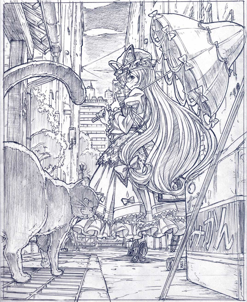 alley bow box cat city contemporary graphite_(medium) hair_bow hands high_heels highres long_hair looking_back mikan_box monochrome parasol purple ribbon sakino_shingetsu shoes sketch smirk solo touhou traditional_media umbrella walking yakumo_yukari