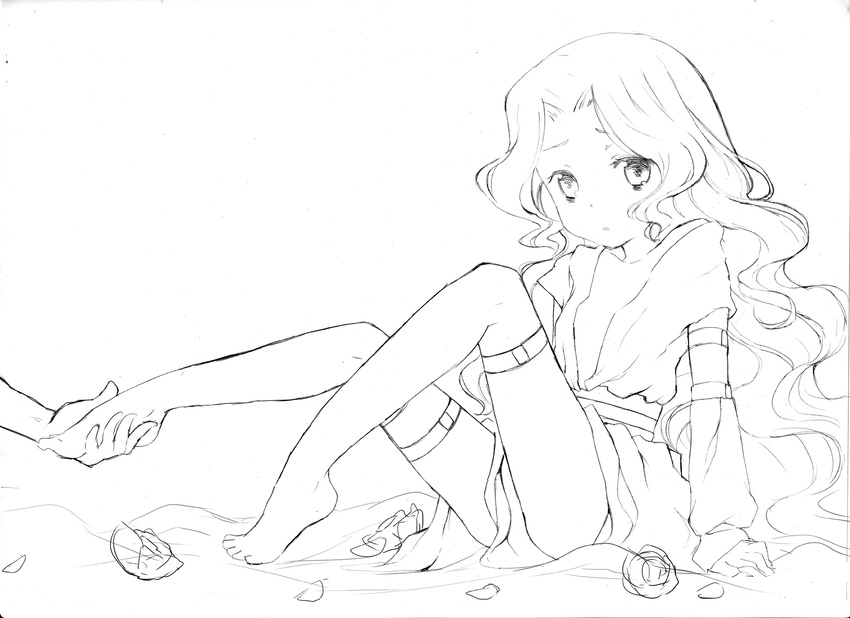 bad_id bad_pixiv_id barefoot code_geass detached_sleeves eka_eri feet flat_chest flower greyscale highres holding_another's_foot long_hair monochrome nunnally_lamperouge open_clothes open_shirt petals shirt sketch solo_focus thigh_strap