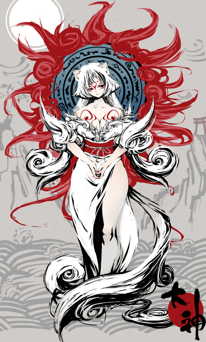 absurdres amaterasu animal_ears bodypaint breasts cleavage flat_color grey_background head_tilt highres japanese_clothes large_breasts long_hair looking_at_viewer obi ookami_(game) personification red_eyes sash solo tail torii tsunekun very_long_hair white_hair wolf_ears wolf_tail