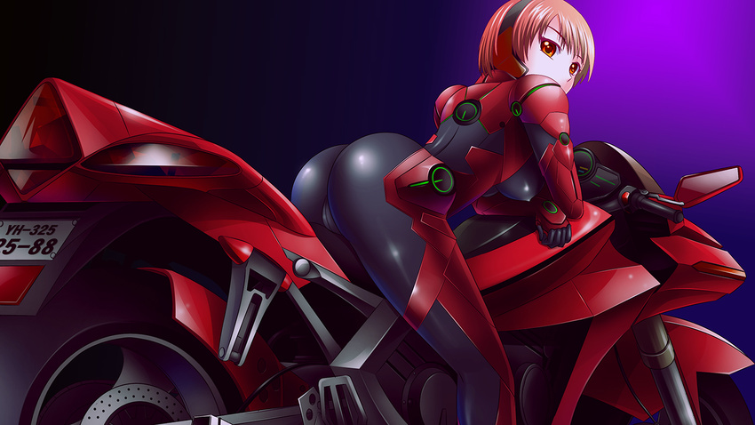armor ass biker_clothes bikesuit bodysuit breasts cameltoe erect_nipples from_behind from_below gatakk gloves gradient gradient_background looking_at_viewer looking_back looking_down motorcycle original red_eyes red_hair shiny shiny_clothes short_hair skin_tight solo underboob