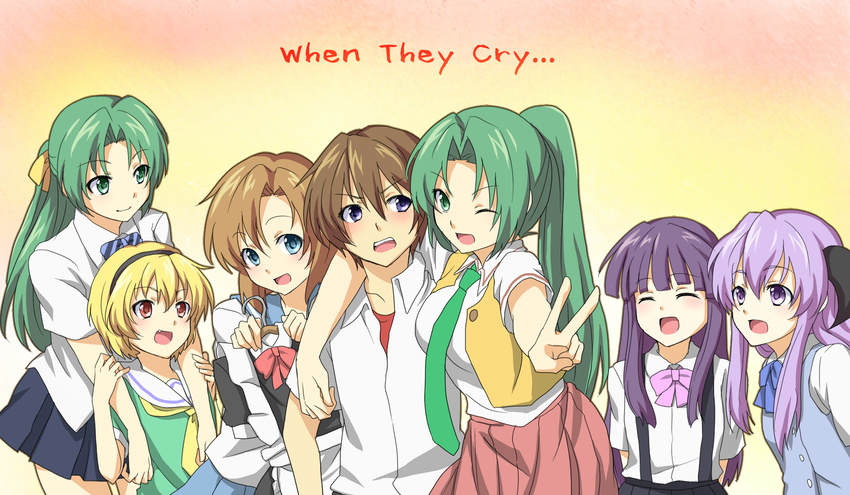 6+girls :d ;d ^_^ aoinu_(shuumatsugeki) arm_around_shoulder arms_behind_back blonde_hair blue_eyes blush bow bowtie closed_eyes clothes_hanger copyright_name fang furude_rika gradient gradient_background green_eyes green_hair half_updo hanyuu highres higurashi_no_naku_koro_ni horns houjou_satoko long_hair looking_at_viewer maebara_keiichi maid multiple_girls neckerchief necktie one_eye_closed open_mouth orange_hair ponytail purple_eyes purple_hair red_eyes ribbon ryuuguu_rena school_uniform serafuku short_hair short_sleeves siblings sisters skirt smile sonozaki_mion sonozaki_shion standing suspenders twins v vest yellow_neckwear