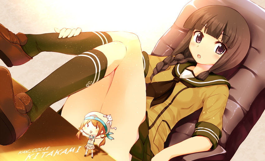 :o batsubyou black_eyes black_legwear blush braid brown_hair chair character_name crossed_legs donald_duck_sailor_hat error_musume girl_holding_a_cat_(kantai_collection) hat kantai_collection kitakami_(kantai_collection) komone_ushio loafers long_hair long_legs md5_mismatch minigirl multiple_girls orange_hair school_uniform serafuku shoes shoshinsha_mark sidelocks single_braid sitting skirt table