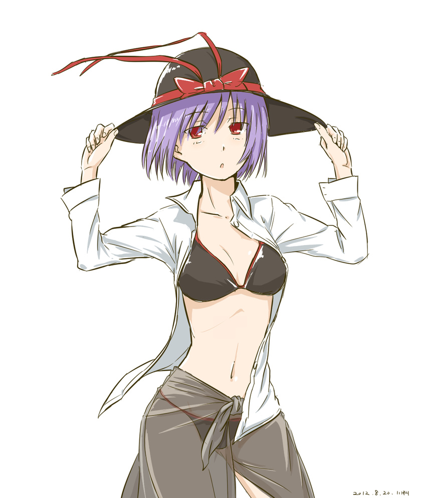 bikini bikini_under_clothes dress_shirt grey_sarong hat highres kawashina_(momen_silicon) looking_at_viewer nagae_iku open_clothes open_shirt purple_hair red_eyes sarong shirt short_hair simple_background solo swimsuit swimsuit_under_clothes touhou translucent_sarong white_background