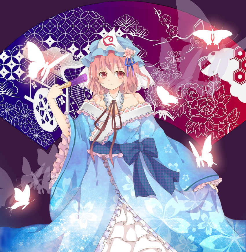 asa_no_ha_(pattern) bare_shoulders bug butterfly collar fan floral_print folding_fan frills goshoguruma hat hexagon highres insect izamin japanese_clothes pink_eyes pink_hair saigyouji_yuyuko saigyouji_yuyuko's_fan_design shippou_(pattern) solo touhou triangular_headpiece wide_sleeves