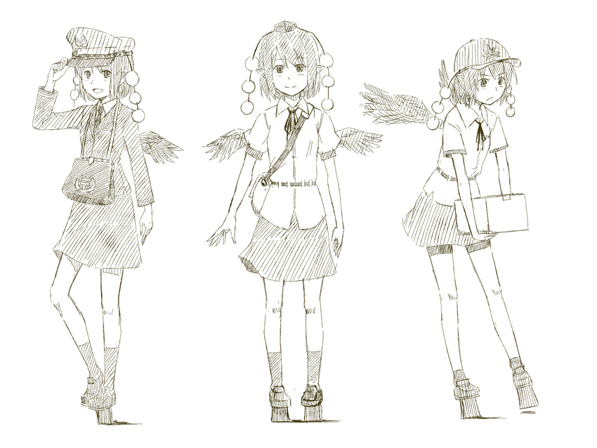 alternate_costume alternate_headwear bag box carrying character_sheet feathered_wings frown geta hat highres kawashina_(momen_silicon) looking_at_viewer monochrome neck_ribbon necktie pigeon-toed pointy_ears pom_pom_(clothes) ribbon shameimaru_aya short_hair simple_background skirt smile tengu-geta tokin_hat touhou uniform white_background wings