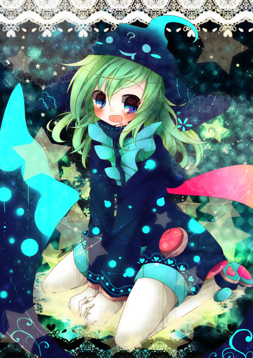 ? blue_eyes colorful ekoro_(puyopuyo) gloves green_hair hat highres jacket kawatta_ekoro long_hair male_focus multicolored multicolored_eyes pantyhose pukichan18 purple_eyes puyopuyo puyopuyo_7 shoes sitting smile solo v_arms wariza white_legwear