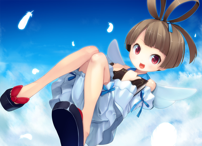 :d angel_wings antenna_hair bloomers book brown_hair day disgaea disgaea_d2 dress feathers happy legs meso-meso open_mouth red_eyes sandals short_hair sicily_(disgaea) sky smile solo underwear white_bloomers wings