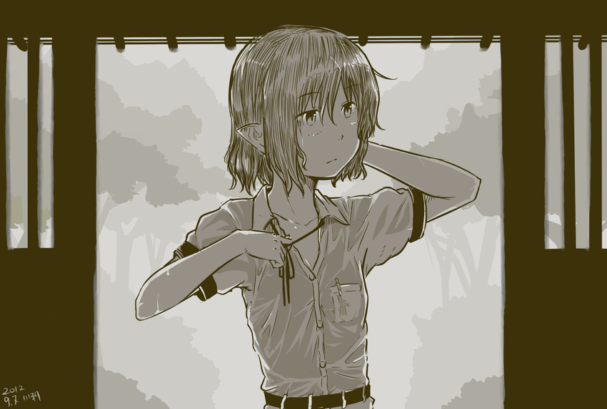 arm_up belt collarbone dated dress_shirt expressionless highres kawashina_(momen_silicon) looking_away monochrome no_hat no_headwear pointy_ears shameimaru_aya shirt short_hair solo touhou upper_body wet wet_clothes wet_shirt