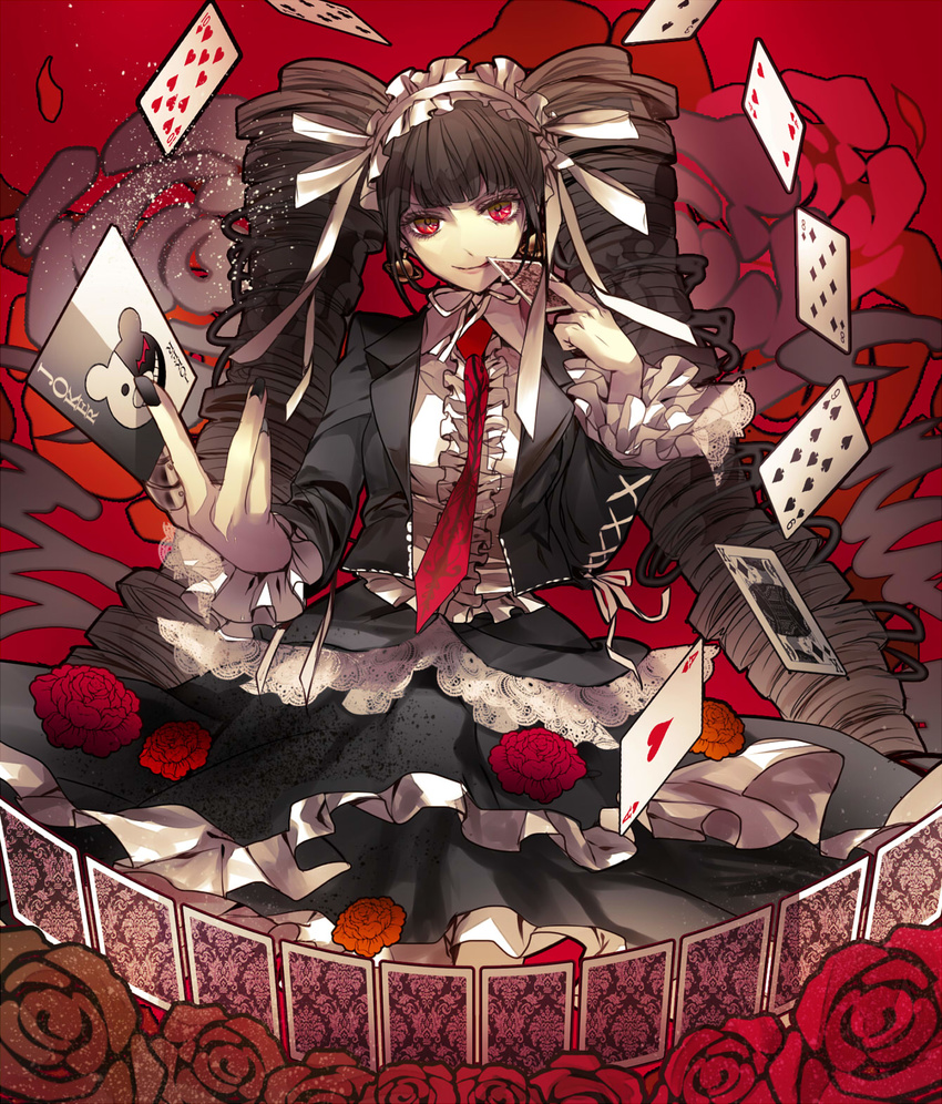 black_hair card celestia_ludenberck danganronpa danganronpa_1 dress drill_hair earrings flower frills gothic_lolita grin hairband highres jewelry kizuna_(black15) lolita_fashion lolita_hairband monokuma necktie playing_card red_background red_eyes rose smile solo twin_drills twintails