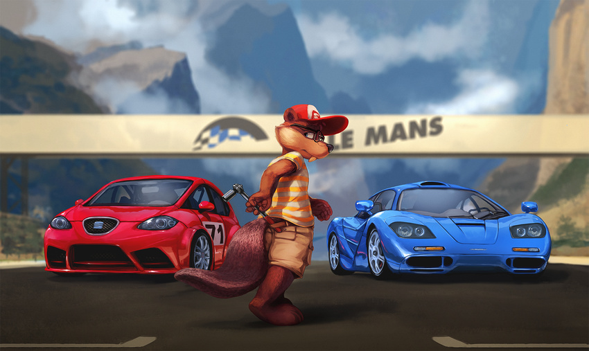 automobile beaver belt blue_eyes buckteeth car clothing cloud clouds eyewear glasses hat lancer_buck lando looking_back mammal mclaren_f1 motorsports mountain pose race_car race_track rodent seat_le&oacute;n shirt shorts socket_wrench supercar tool vehicle wrench