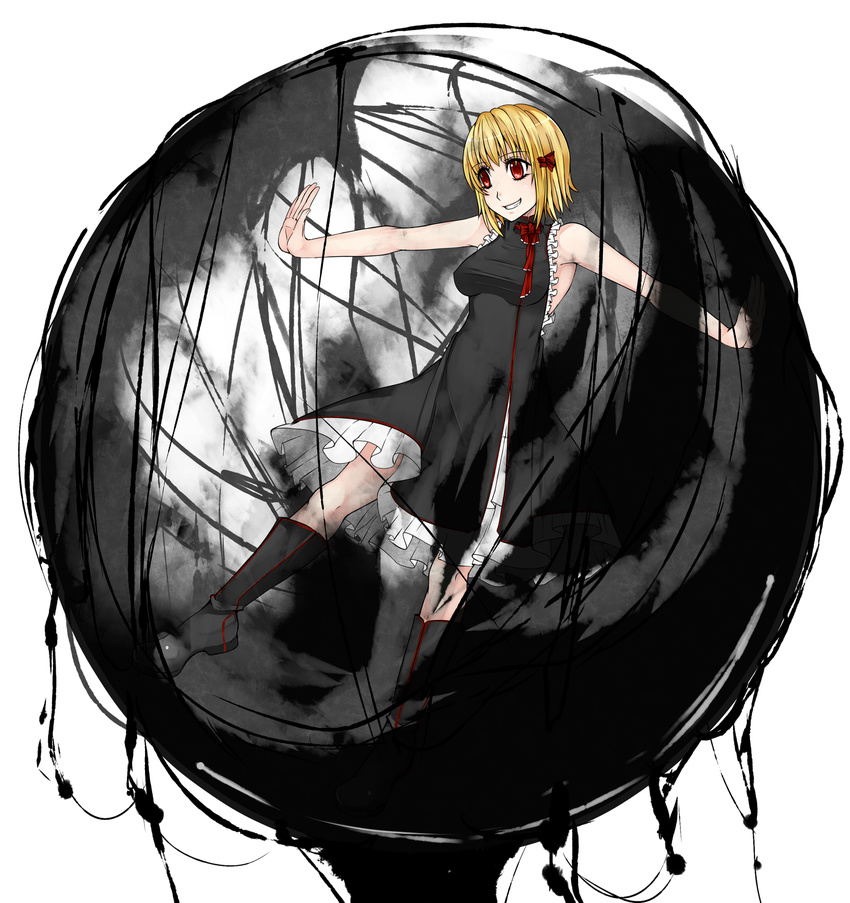 adapted_costume aoshima armpits backless_dress backless_outfit bare_arms blonde_hair boots breasts darkness dress frills grin hair_ribbon highres knee_boots looking_away medium_breasts open_hand outstretched_arms red_eyes ribbon rumia short_hair simple_background smile solo sphere spread_arms touhou white_background