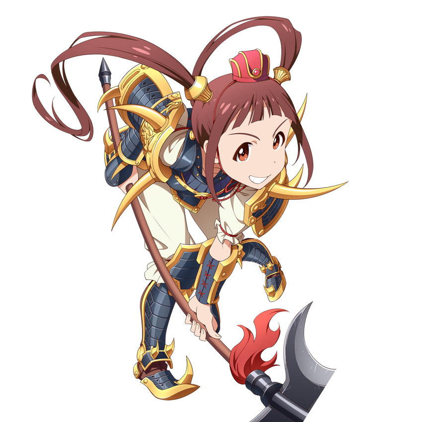 armor armored_boots bangs blunt_bangs boots brown_hair collarbone full_body grin hat highres idolmaster idolmaster_million_live! knee_boots long_hair looking_at_viewer matsuda_arisa orange_eyes polearm sat smile solo spear standing transparent_background twintails weapon