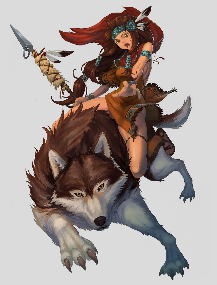 :o animal arm_up breasts brown_eyes brown_hair cft claws feathers fringe_trim full_body headdress highres holding holding_weapon lance long_hair medium_breasts native_american native_american_headdress no_panties open_mouth original outstretched_arm polearm riding sideboob spear weapon wolf