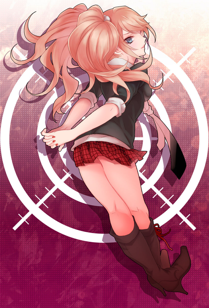 arms_behind_back bad_id bad_pixiv_id blue_eyes boots danganronpa danganronpa_1 enoshima_junko highres knee_boots natsuhachi necktie pink_hair plaid plaid_skirt pleated_skirt skirt sleeves_rolled_up solo