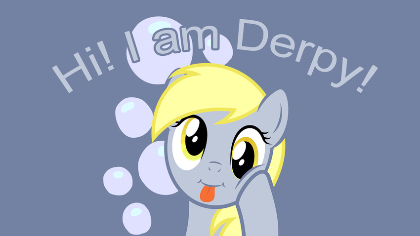 blonde_hair bubble bubbles cute cutie_mark derpy_hooves_(mlp) english_text equine female feral friendship_is_magic fur grey_fur hair horse looking_at_viewer mammal my_little_pony p3r0 pegasus plain_background pony smile text tongue tongue_out wings yellow_eyes