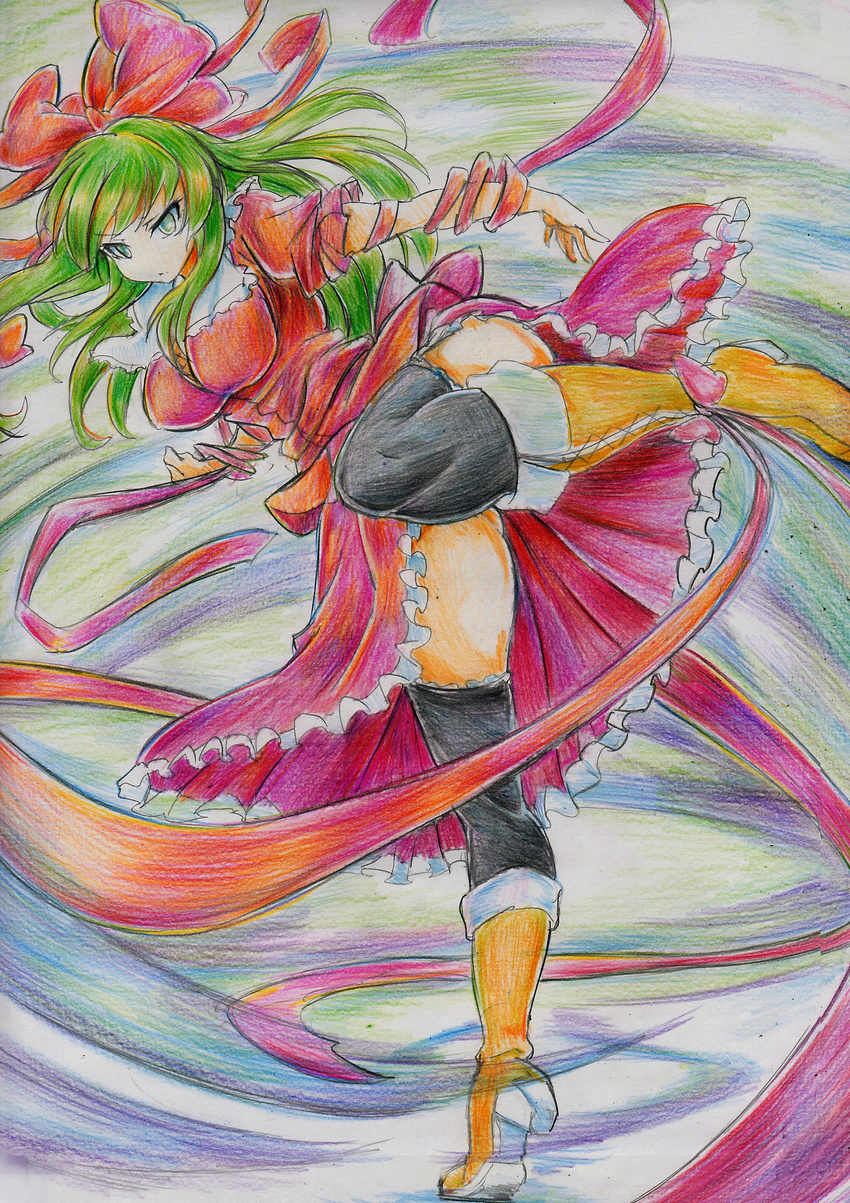 absurdres arm_ribbon ascot boots bow breasts colored_pencil_(medium) dress frills green_eyes green_hair hair_bow hair_ribbon hair_undone highres kagiyama_hina kicking kitazinger large_breasts leg_up long_hair ribbon solo spinning standing standing_on_one_leg thighhighs thighs touhou traditional_media