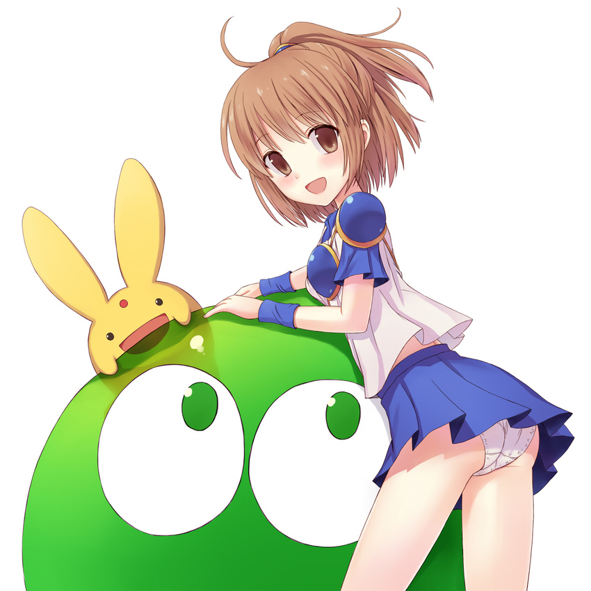 arle_nadja bad_id bad_pixiv_id banned_artist blue_skirt brown_eyes brown_hair carbuncle_(puyopuyo) creature half_updo madou_monogatari n.g. panties puyo_(puyopuyo) puyopuyo shirt short_hair skirt smile underwear white_background white_panties