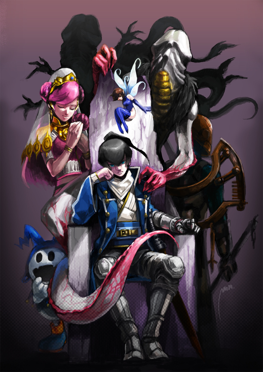 black_hair coat flynn_(smt4) gauntlets highres ippon-datara_(megami_tensei) jack_frost mara_(megami_tensei) mishaguji_(megami_tensei) nunohashi_(shock_wave) parvati pixie_(megami_tensei) ponytail shin_megami_tensei shin_megami_tensei_iv