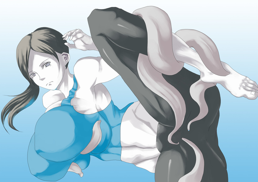 barefoot breasts covered_nipples erect_nipples grey_eyes grey_hair highres huge_breasts impossible_clothes impossible_shirt pixiv_manga_sample resized shirt tentacle tight trainer_(wii_fit) white_skin wii_fit wii_fit_trainer