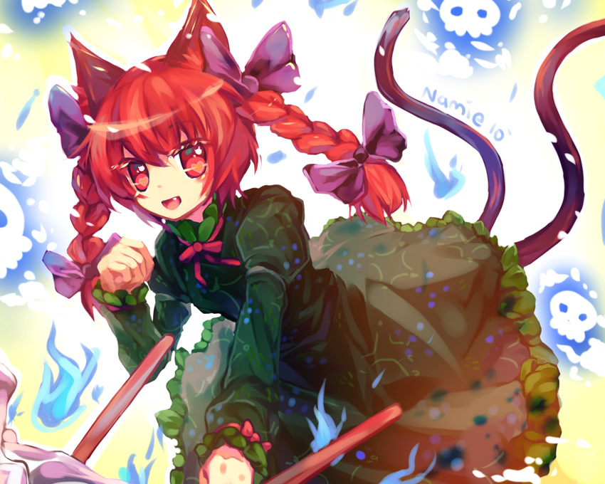 animal_ears braid cat_ears fang kaenbyou_rin namie-kun red_eyes red_hair solo tail touhou twintails