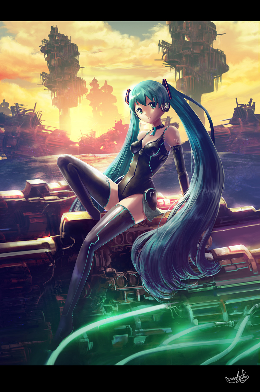 aqua_hair boots breasts cable choker cloud elbow_gloves gloves glowing green_eyes hatsune_miku headphones highres leotard letterboxed long_hair masamsa neon_trim science_fiction signature sitting small_breasts solo sunset thigh_boots thighhighs twintails very_long_hair vocaloid