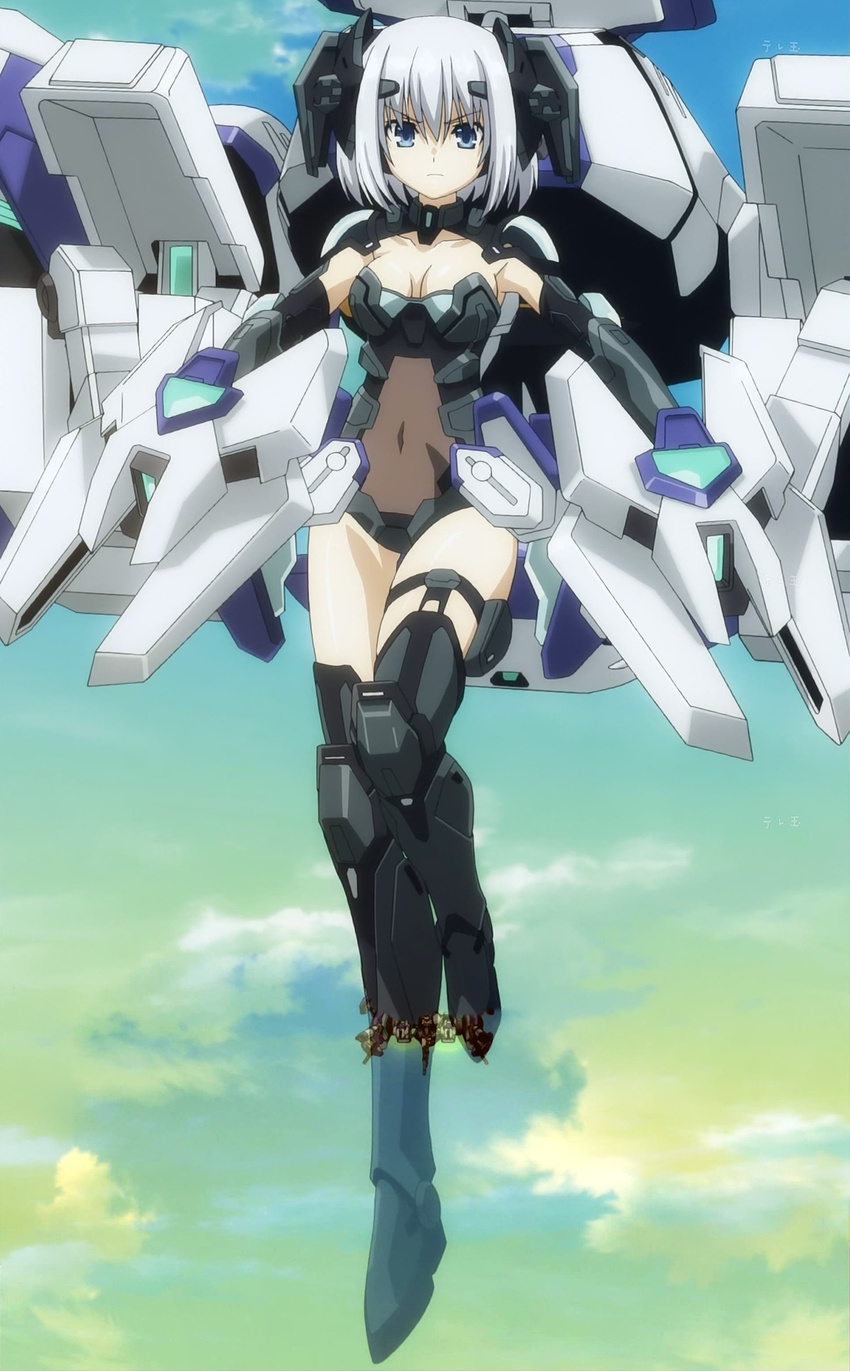 absurdres blue_eyes boots cloud date_a_live highres mecha_musume screencap short_hair sky solo thigh_boots thighhighs tobiichi_origami white_hair