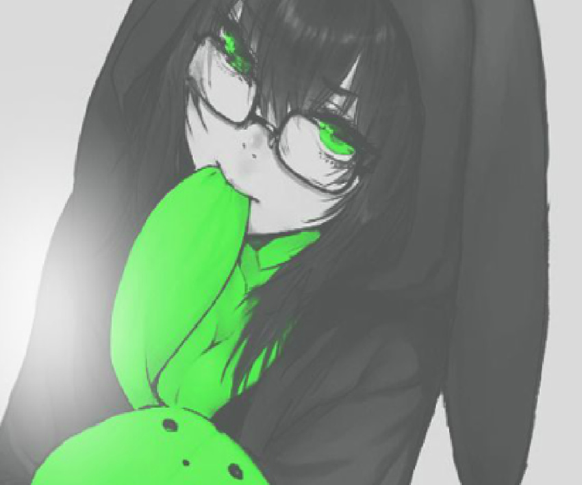 animal bite black_hair bunny. glasses green_eyes jacket stuffed