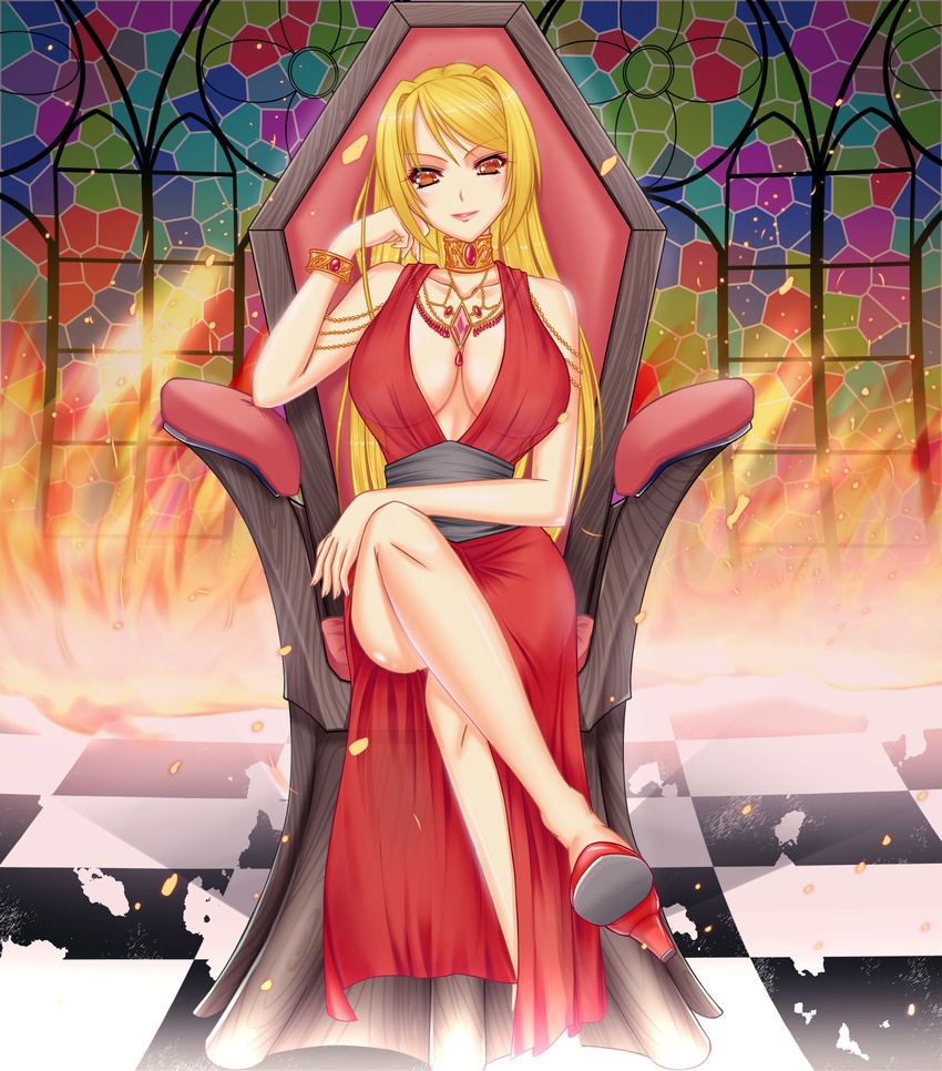 absurdres blonde_hair bracelet breasts crossed_legs fire high_heels highres jewelry large_breasts long_hair looking_at_viewer md5_mismatch necklace nipples original red_eyes ryuuzouji_usagi see-through see-through_silhouette shoes sitting small_nipples smile very_long_hair yellow_eyes