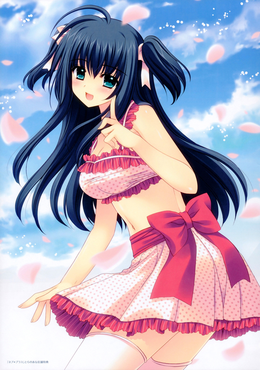 :d absurdres ahoge black_hair blue_eyes blush cherry_blossoms cloud cowboy_shot day from_side hair_ribbon halter_top halterneck head_tilt highres index_finger_raised looking_at_viewer looking_to_the_side navel nishimata_aoi open_mouth pink_legwear polka_dot ribbon scan shuffle!_essence+ skirt sky smile standing thighhighs two_side_up yae_sakura zettai_ryouiki